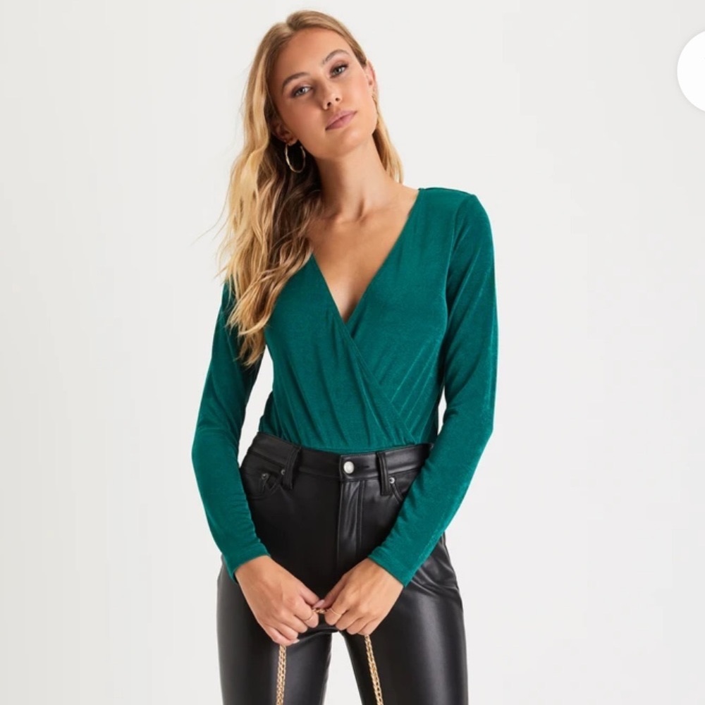 Lulus Emerald Green Surplice Long Sleeve Bodysuit